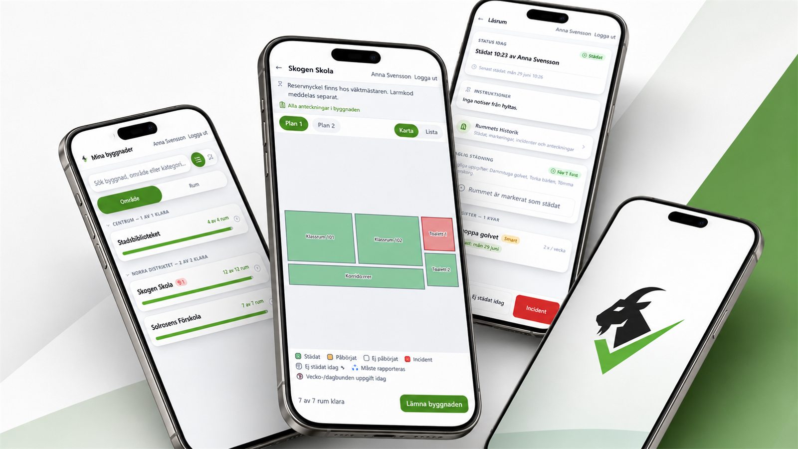 Fyra mobiler som visar Klarbocks app: byggnadslistan, planritningen och rumsvyn