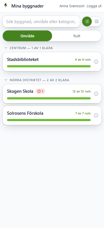 Skärmbild ur lokalvårdarens app: Mina byggnader grupperade per område, med progress per byggnad